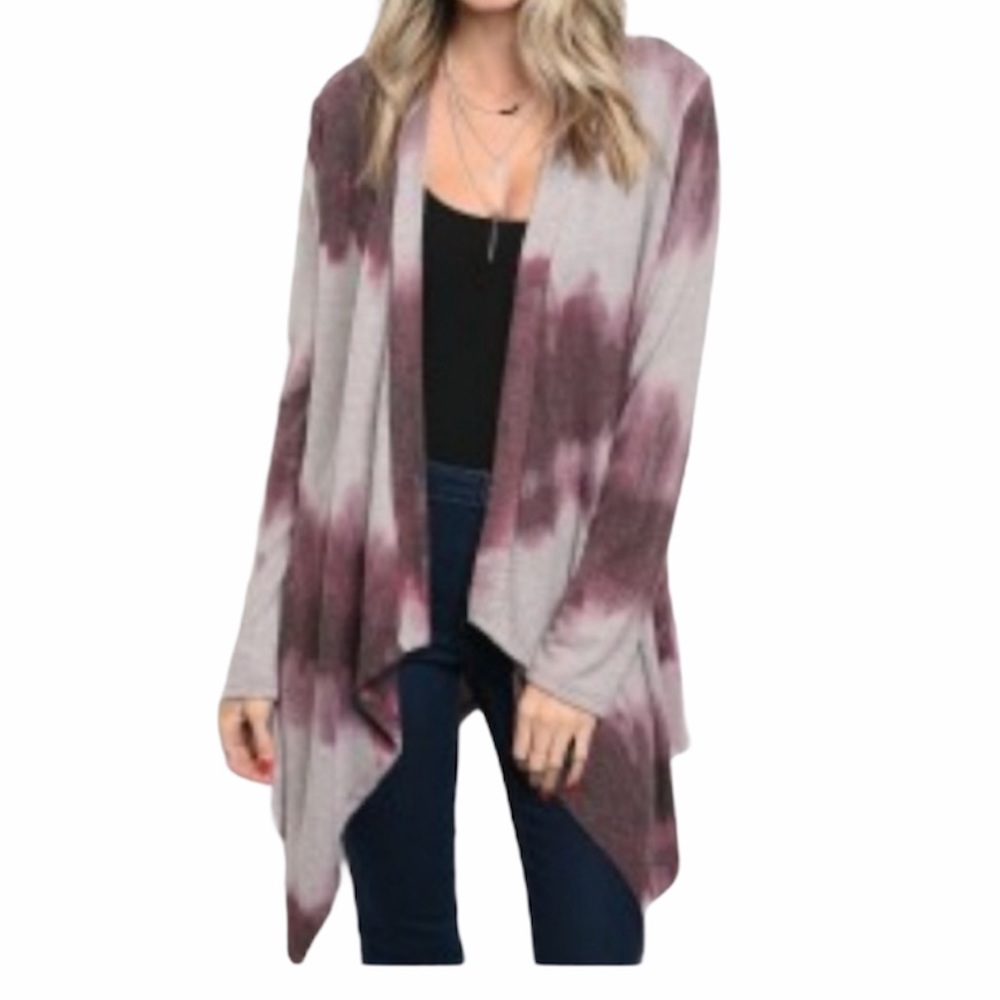 Burgundy Wine Oversized Tie Dye Open Draped Long Cardigan Super Soft